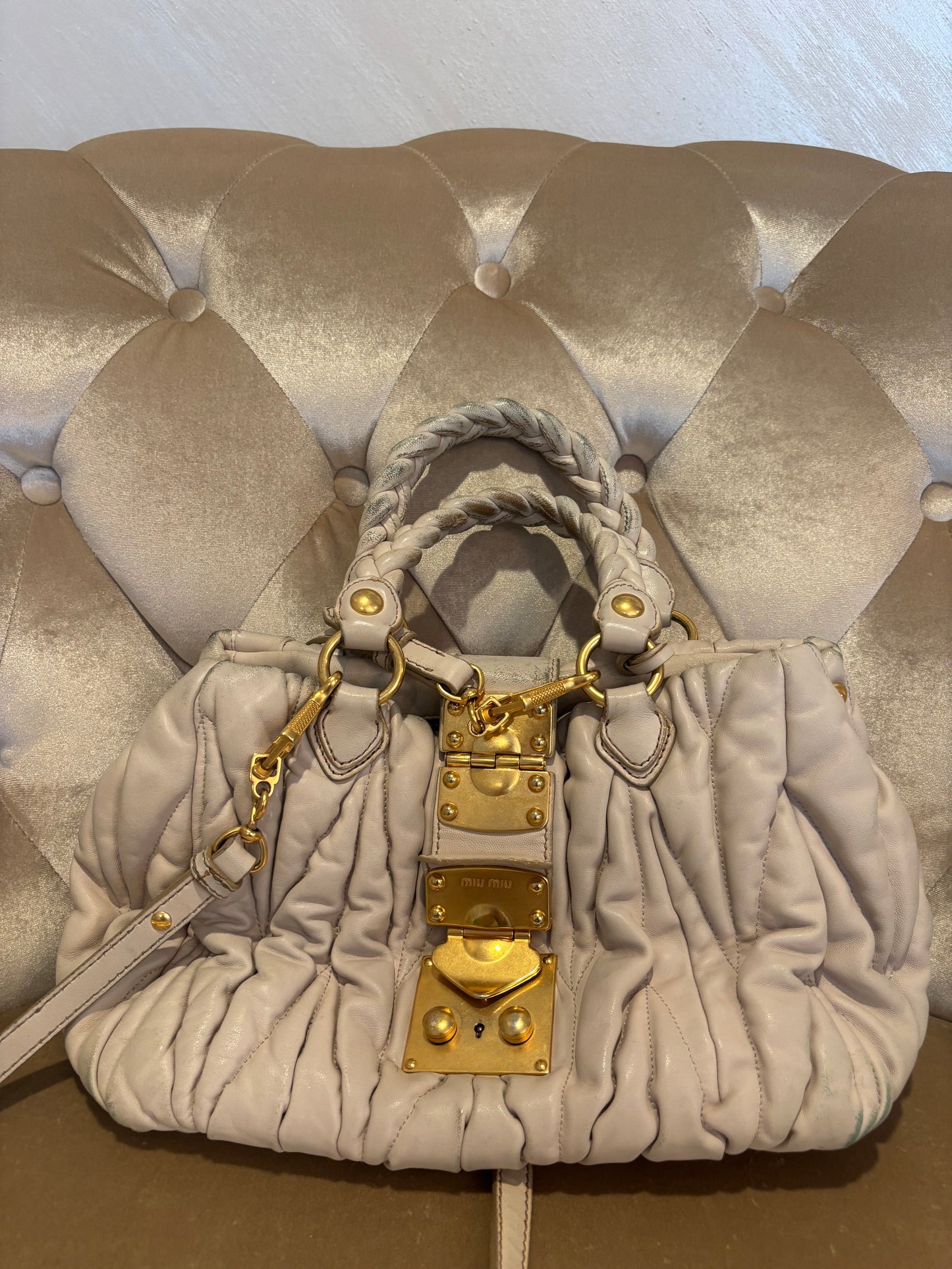 Miu Miu Matelassé Coffer Bag – Beige Leather with Gold Hardware