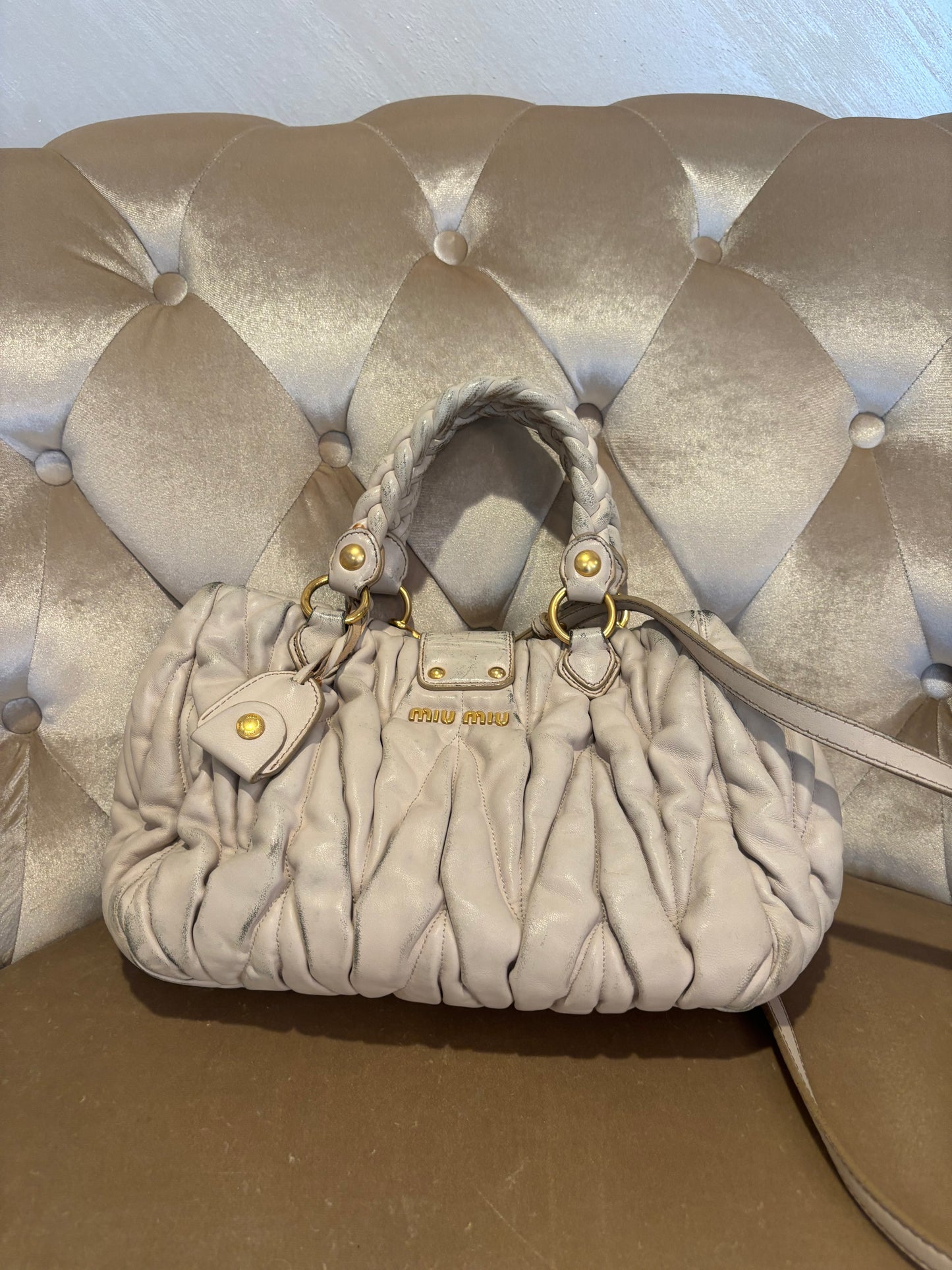 Miu Miu Matelassé Coffer Bag – Beige Leather with Gold Hardware