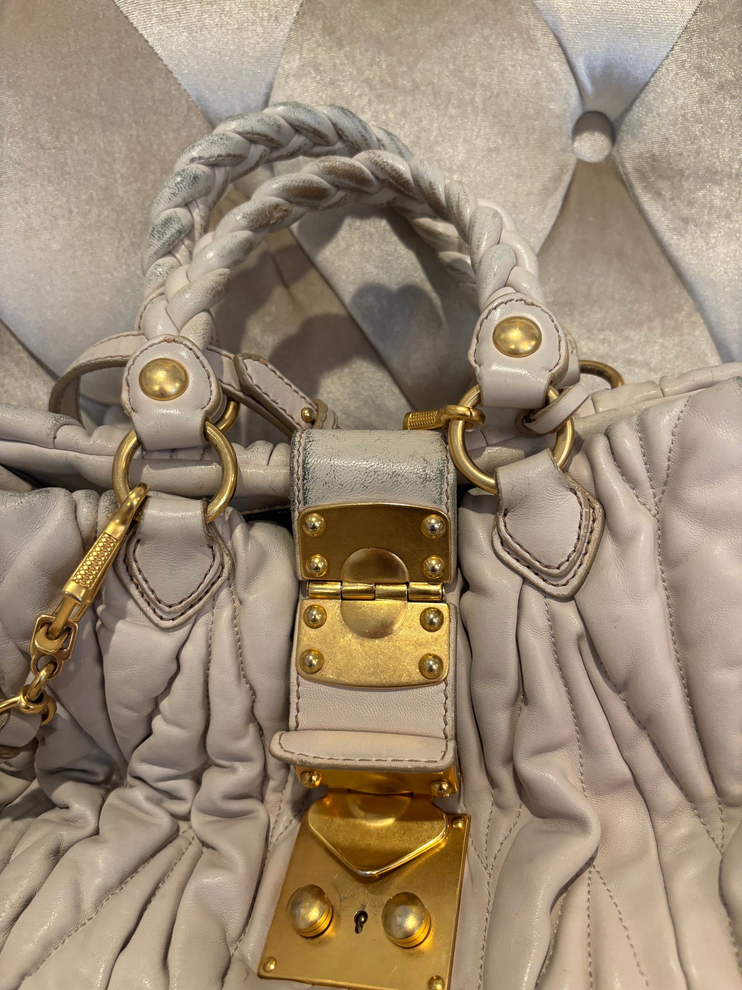 Miu Miu Matelassé Coffer Bag – Beige Leather with Gold Hardware
