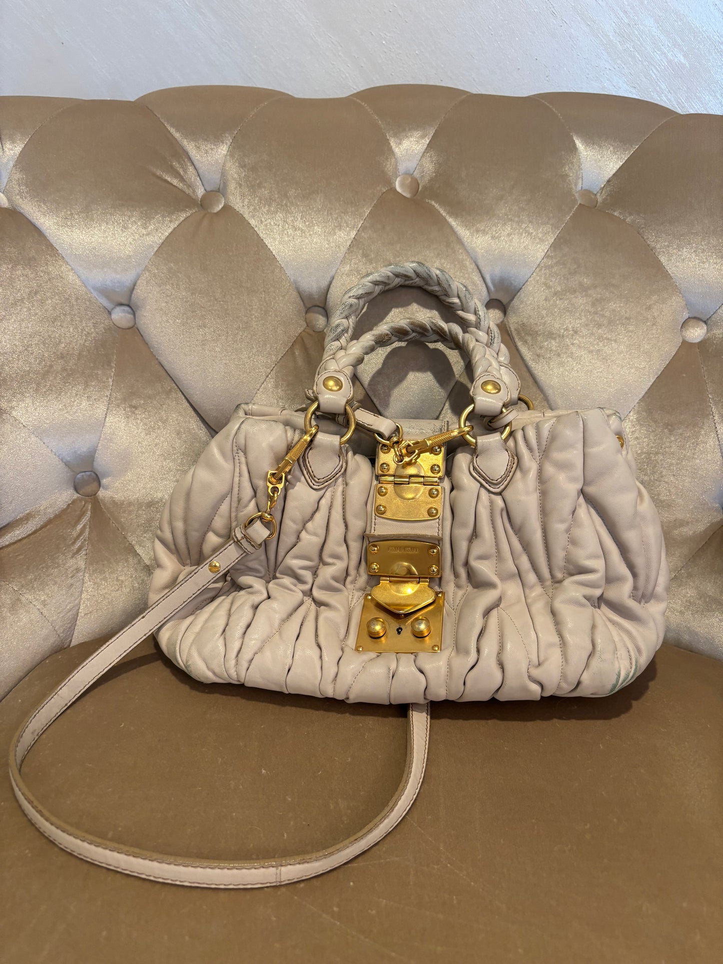 Miu Miu Matelassé Coffer Bag – Beige Leather with Gold Hardware