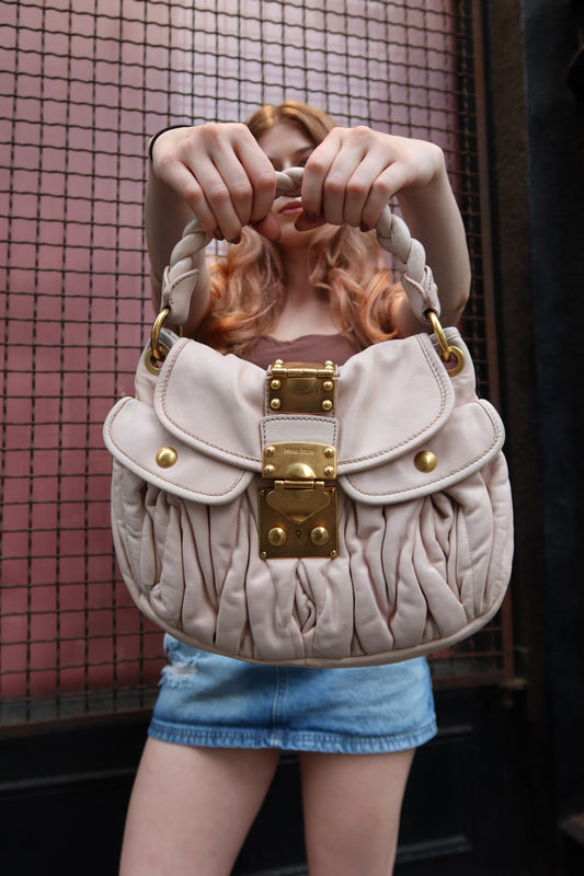 Miu Miu Matelassé Coffer Bag – Vintage Blush Pink with Gold Hardware