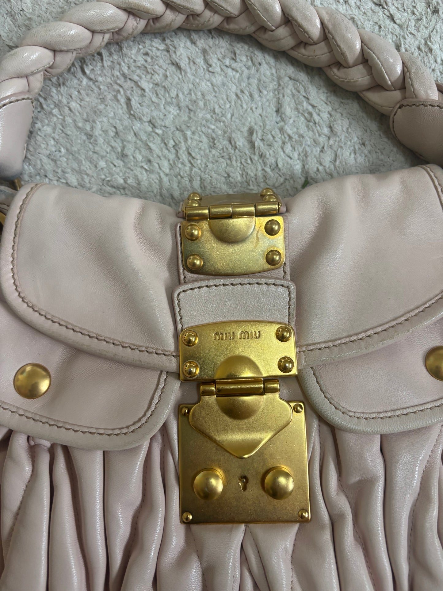 Miu Miu Matelassé Coffer Bag – Vintage Blush Pink with Gold Hardware