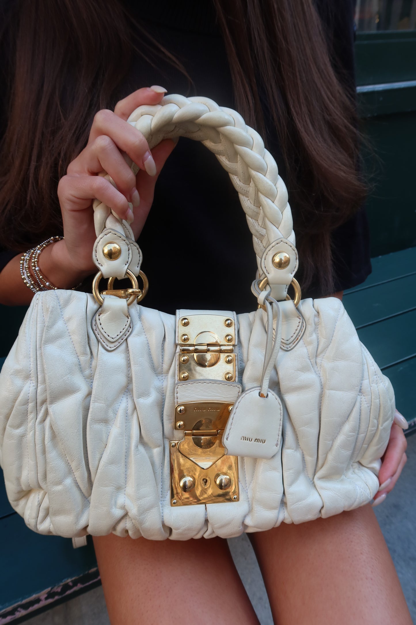 Miu Miu Matelassé Coffer Bag in Cream