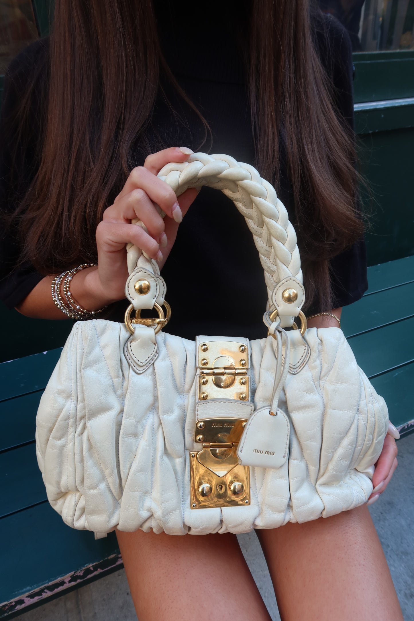 Miu Miu Matelassé Coffer Bag in Cream