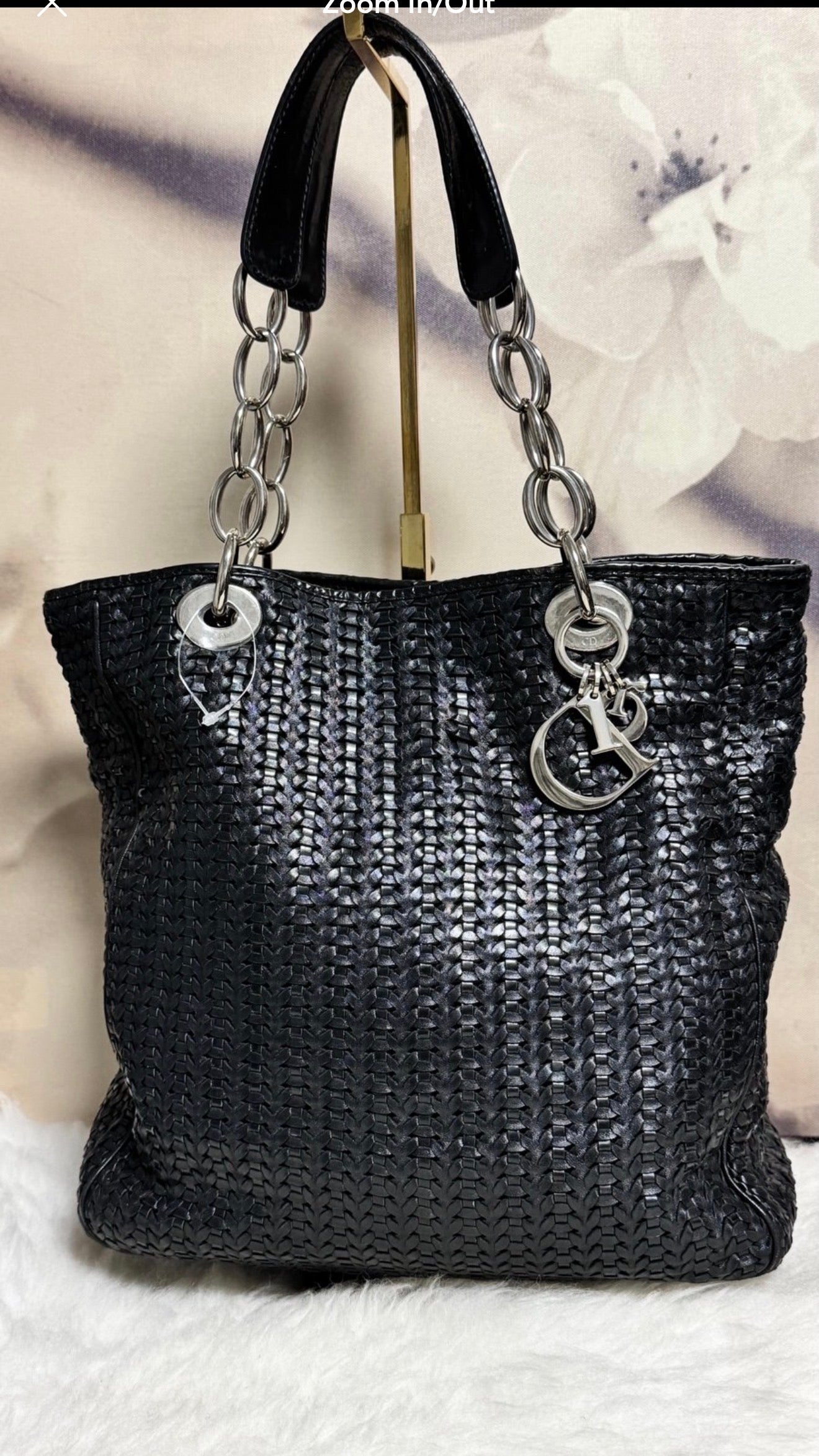 Christian Dior Black Woven Leather Tote Bag with Chain Handles & Dior Charm
