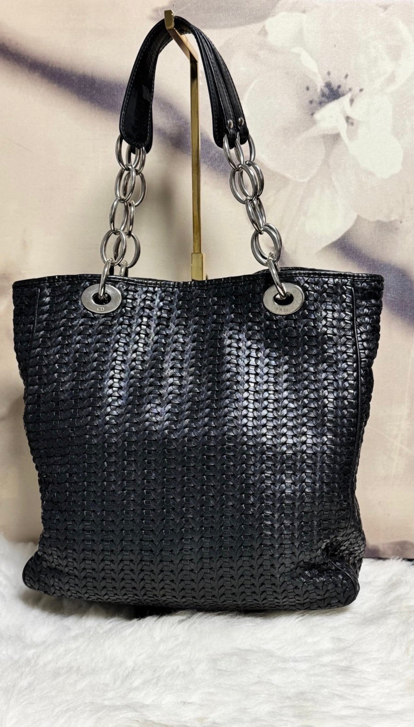 Christian Dior Black Woven Leather Tote Bag with Chain Handles & Dior Charm