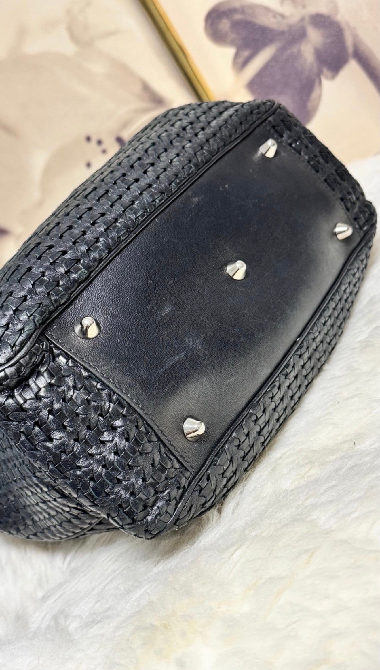 Christian Dior Black Woven Leather Tote Bag with Chain Handles & Dior Charm