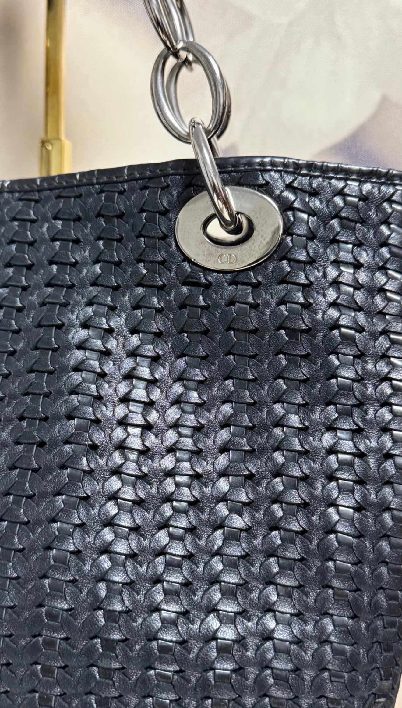 Christian Dior Black Woven Leather Tote Bag with Chain Handles & Dior Charm